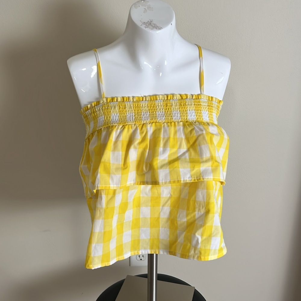 NWT Bloomingdale' s Aqua Yellow Gingham Smocked Tiered Top